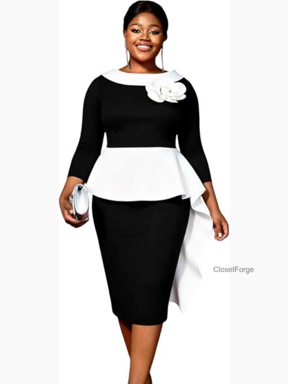 Plus Size Peplum Dress 3/4 Sleeve Contrast Sheath Business Party